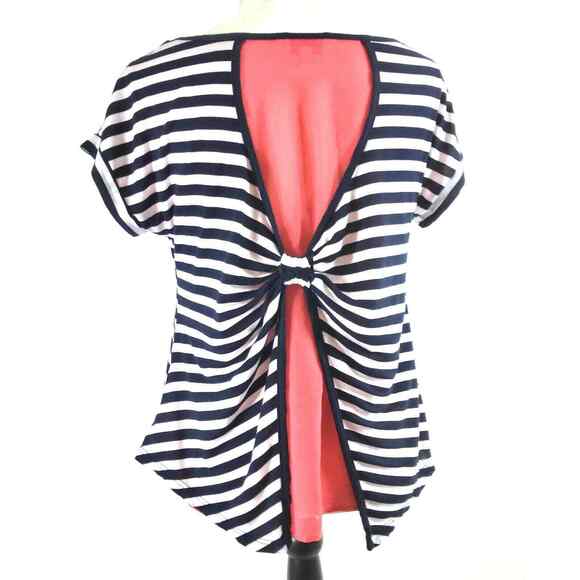 Womens Small Nautical Stripe Top Blue White Blouse Tie‎ Sheer Red Back - Picture 1 of 7
